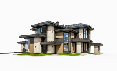 Wall Mural - 3d rendering of modern two story house with gray and wood accents, large windows, parking space in the right side of the building, daylight, isolated on white