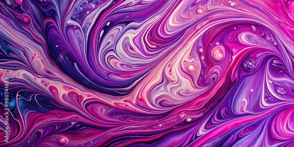 Vibrant purple and pink liquid acrylic paint swirls merge in ...