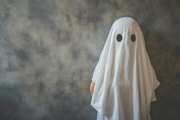 Funny halloween character person or animal wearing white blanket pretending scary ghost, Generative AI