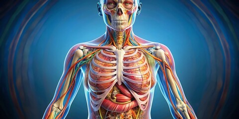 A detailed illustration of the female human body, showcasing internal organs, bones, and muscles, with a transparent