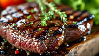 Sizzling close-up of juicy grilled steaks with perfect sear and mouthwatering aroma