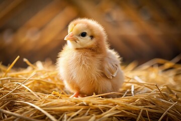 Adorable fluffy Isa Brown chick perches on straw, soft golden feathers glistening in warm natural light, curious bright