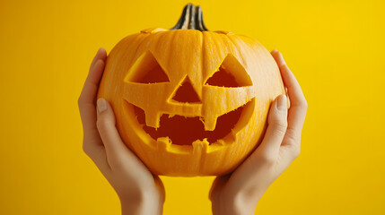 Hands holding a carved Halloween pumpkin, isolated on a yellow background.