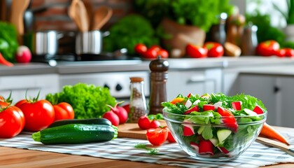 Wall Mural - Vibrant vegetable salad freshly prepared on a rustic kitchen table