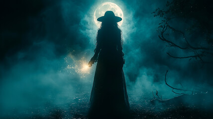 Silhouette of a Witch Under the Full Moon in a Mystical Forest