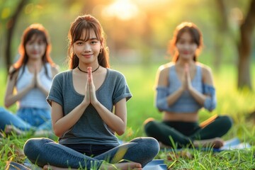 Wall Mural - Young woman practices yoga for fitness in garden park.