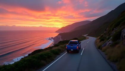 A blue pickup truck driving on a winding road along a coastal hillside at sunset