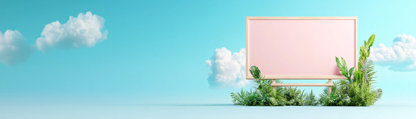 Wall Mural - a pink sign is on a wooden board in front of a blue sky. the sky is filled with clouds, and the sign