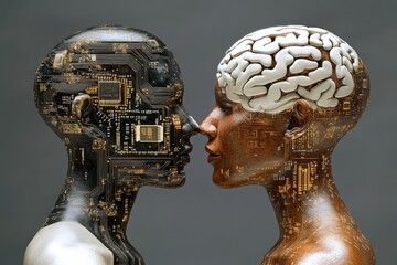 Poster - Robotic and human figures facing each other with visible brains and circuitry symbolizing the convergence of artificial intelligence and human cognitive processes