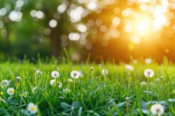 Wall Mural - spring park with dandelions green grass and trees. tranquil beauty.
