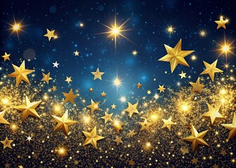 Vibrant horizontal background featuring a magical blend of Christmas and New Year celebrations with shimmering gold glitter of stars on a dark blue festive night sky.