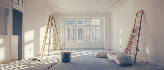 A room with two yellow ladders and a bucket. The room is empty and has a lot of space