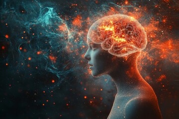 Poster - Glowing brain surrounded by neural energy fields in a dark cosmic setting representing advanced AI driven cognition and human computer interaction in a futuristic world