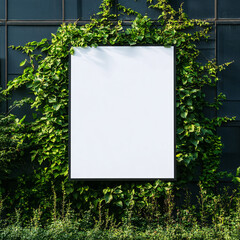 A white poster is hanging on a wall covered in green vines. The poster is blank, which gives it a sense of emptiness and potential. The vines surrounding the poster add a natural