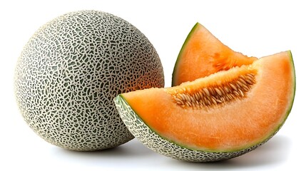 A whole cantaloupe melon and two slices isolated on a white background.