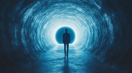 Wall Mural - A man is walking through a tunnel with a blue light in the middle