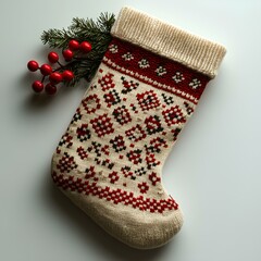 Wall Mural - Christmas stocking top view, flat lay design. Festive red and white holiday stocking for gifts and treats. Minimalist Christmas decoration on plain background, cozy winter holiday concept