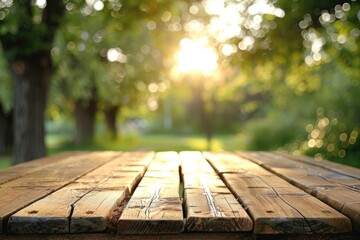 Wall Mural - Wooden table terrace with Morning fresh atmosphere nature landscape