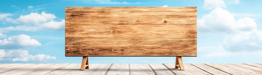 a wooden signboard with a blue sky background. the signboard is empty and has a wooden frame