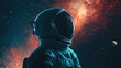 © AngrySun - Astronaut in helmet floating in space, side view, open space, milky way, stars and planets background. Generative AI