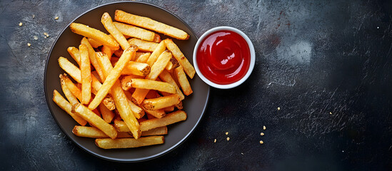 Sticker - Top down view of homemade American French fries with ketchup on a plate with ample copy space image