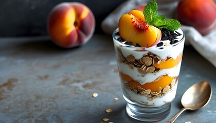 Wall Mural - Delicious parfait glass filled with layers of granola, creamy yogurt, and fresh peach slices