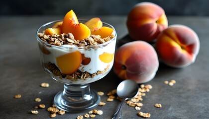 Wall Mural - Delicious parfait glass filled with layers of granola, creamy yogurt, and fresh peach slices