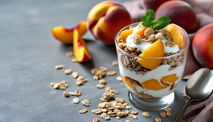 Wall Mural - Delicious parfait glass filled with layers of granola, creamy yogurt, and fresh peach slices