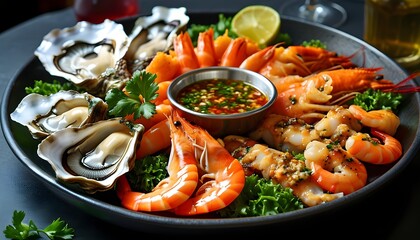 Wall Mural - Fresh seafood platter featuring oysters, shrimp, and zesty cocktail sauce