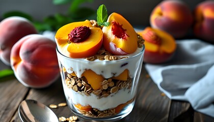 Wall Mural - Delicious parfait glass filled with layers of granola, creamy yogurt, and fresh peach slices