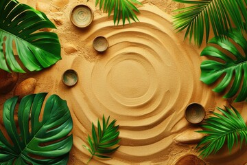 Wall Mural - Zen garden meditation with sandy background  lines drawing  and palm shadows.