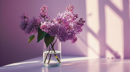 Lilac flowers in ribbed glass vase with sunny shadows on purple background. Neural network ai generated art