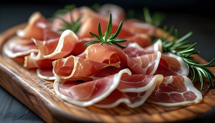 Wall Mural - Artistic presentation of thinly sliced prosciutto garnished with rosemary on a rustic wooden plate against a dark backdrop