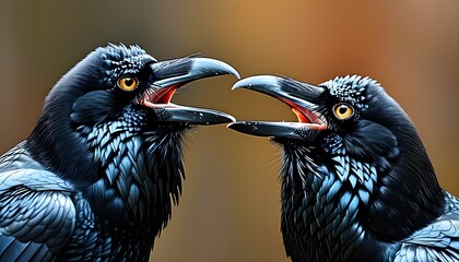 Wall Mural - Cawing ravens engaging in a vocal duel with open beaks under a dramatic sky