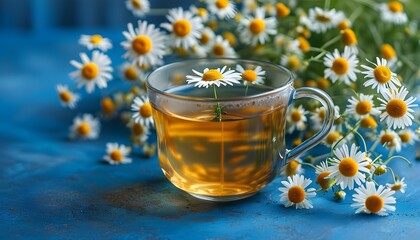 Poster - Chamomile Tea Serenity on a Tranquil Blue Canvas