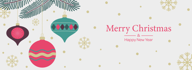 Wall Mural - Merry Christmas vintage background with Christmas decorations, snow. Decorations in simple flat design. Vector illustration.