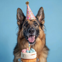 An image of a happy German Shepherd wearing a colorful party hat. The dog is positioned in front of a birthday cake with a candle.