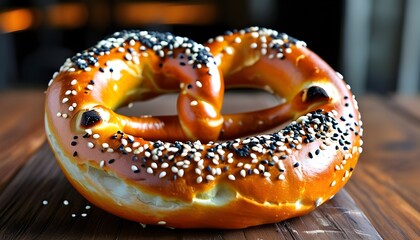 Freshly Baked Sesame-Topped Pretzel on Rustic Wooden Table with Softly Blurred Background