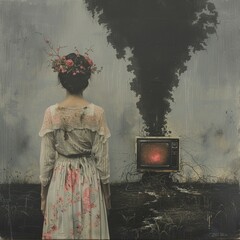 A woman in a floral dress stands before a vintage television emitting dark smoke in a surreal landscape at twilight