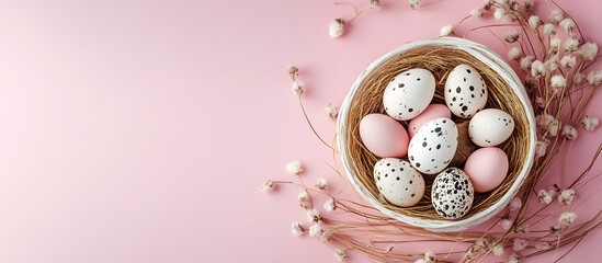 Easter greeting card with white basket of quail eggs and dry grass branch on pink background featuring copy space image for a religious themed pastel colored spring design