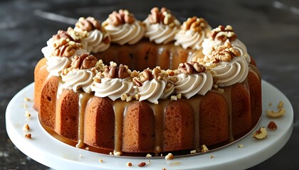 Wall Mural - Moist bundt cake drizzled with creamy glaze and sprinkled with chopped walnuts, ideal for any celebration