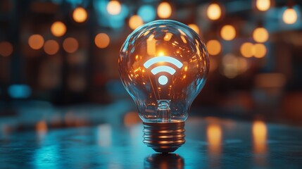 The bright white Wi Fi symbol is placed inside the light bulb, with a blue glass background and many reflective effects. Soft shadows symbolize connection, technology, and innovation.