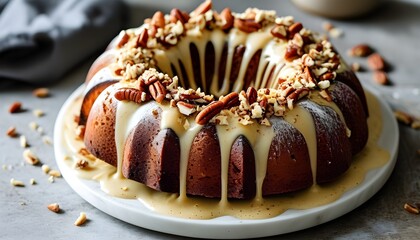 Wall Mural - Moist bundt cake drizzled with creamy glaze and sprinkled with chopped walnuts, ideal for any celebration