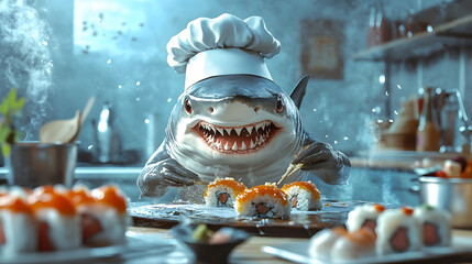 Wall Mural - Humorous shark in chef's hat attempting to prepare sushi.