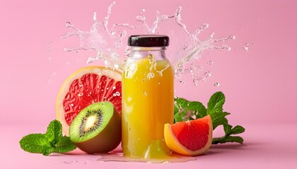 Canvas Print - Vibrant splashes of kiwi, grapefruit, orange, and mint juices in glass bottles against a pink backdrop, celebrating healthy eating and fresh organic products