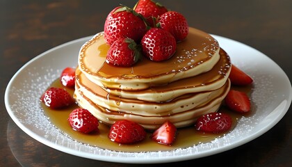 Wall Mural - Decadent fluffy pancakes adorned with fresh strawberries and a luscious maple syrup drizzle, ideal for a sweet breakfast or brunch indulgence