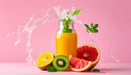 Vibrant splashes of kiwi, grapefruit, orange, and mint juices in glass bottles against a pink backdrop, celebrating healthy eating and fresh organic products