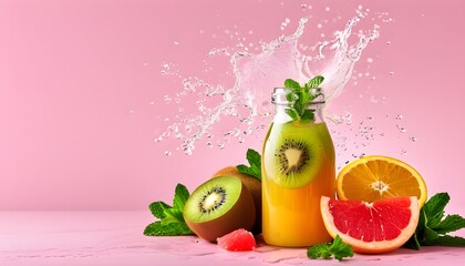 Wall Mural - Vibrant splashes of kiwi, grapefruit, orange, and mint juices in glass bottles against a pink backdrop, celebrating healthy eating and fresh organic products