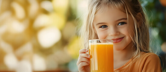 Poster - Young girl enjoying orange juice with a blank space for text or graphics in the background of the image. Creative banner. Copyspace image