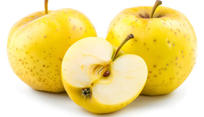 Golden Delicious apple is a large, yellow green skinned cultivar and very sweet to the taste eaten plain and use in salads, apple sauce, and apple butter. isolated on white background